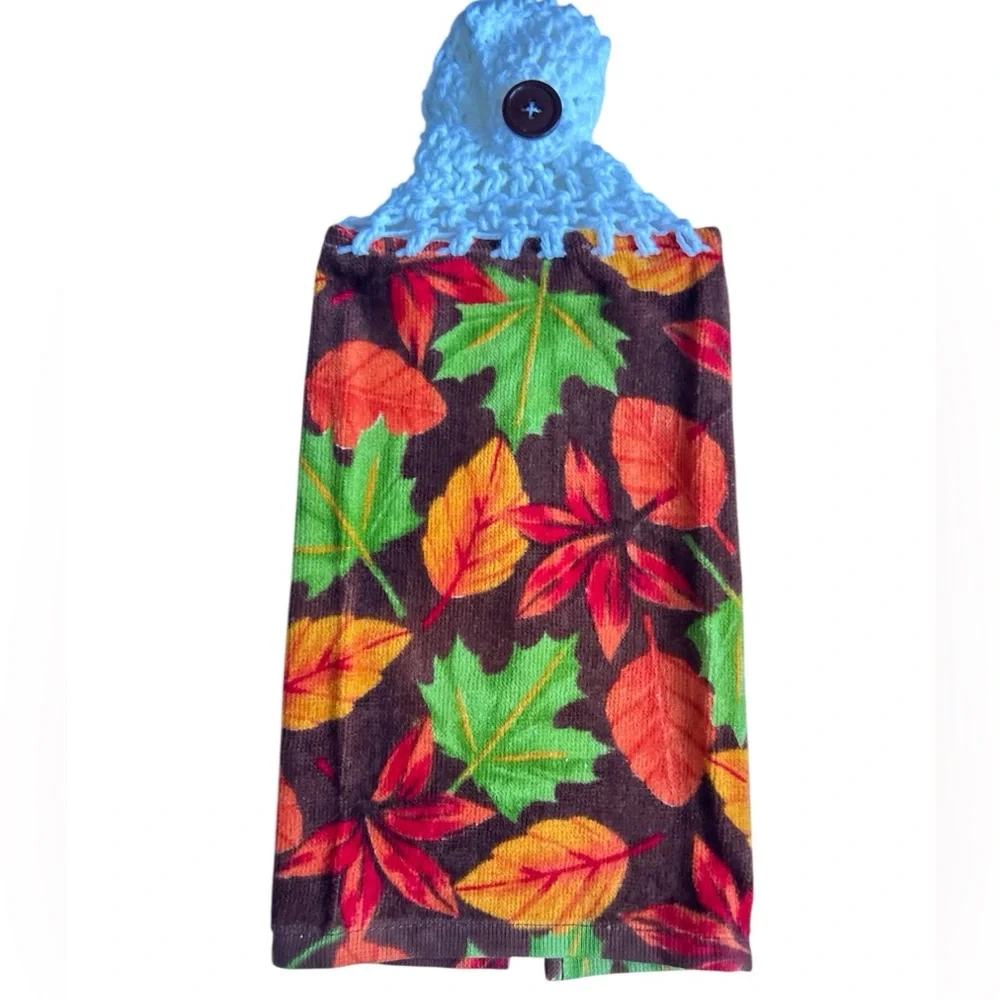 HAND CRAFTED Colorful Fall Leaves Crochet Top Hanging Kitchen Hand Towel